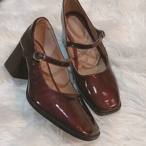 Rachel Zoe Livia Burgundy Patent Leather Chunky Heel Square Toe Mary Jane Pumps